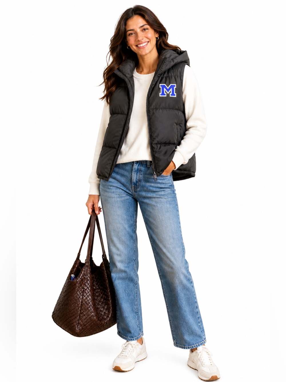 Black Puffer Vest with Blue 'M' Patch